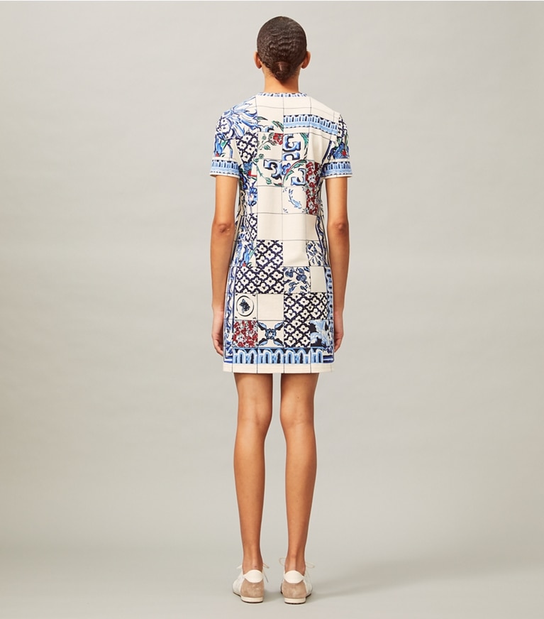 Tory Burch designer dresses Sequin Embellished T-Shirt Dress in Tile Mosaic front