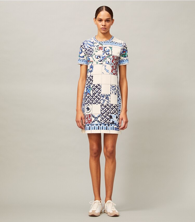 Tory Burch designer dresses Sequin Embellished T-Shirt Dress in Tile Mosaic on model front