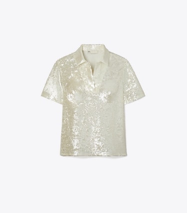 Tory Burch designer tops Sequin Embellished Top in Marshmallow front