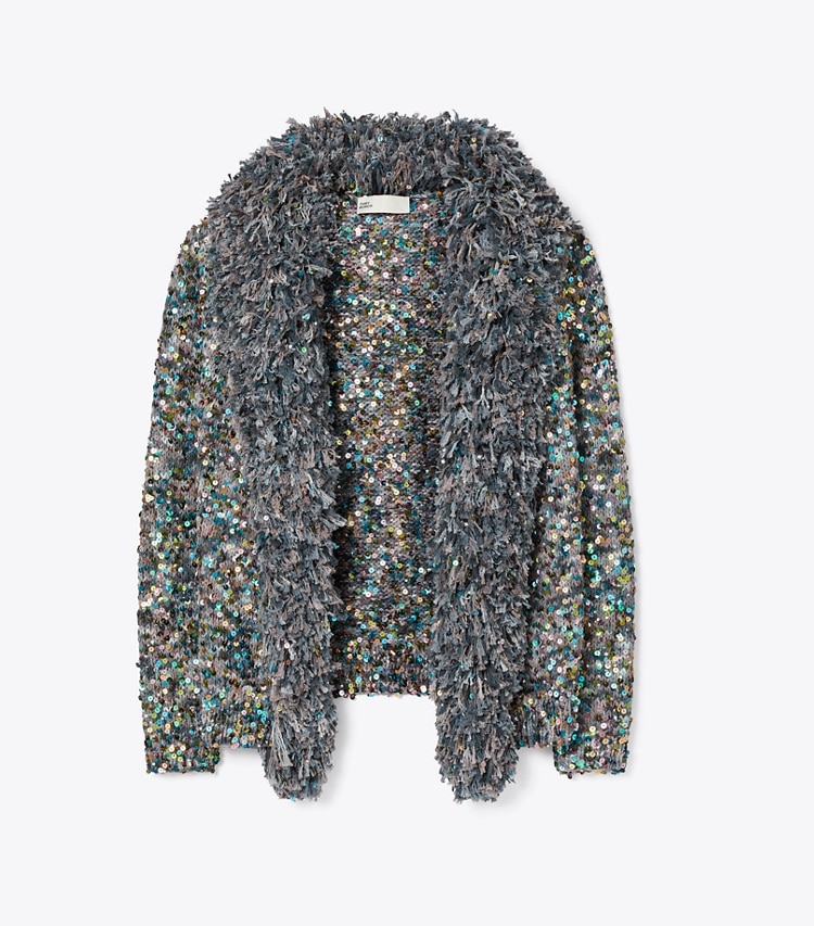 Tory Burch designer sweaters Sequin Fringe Cardigan in Aqua / Gray Multi front