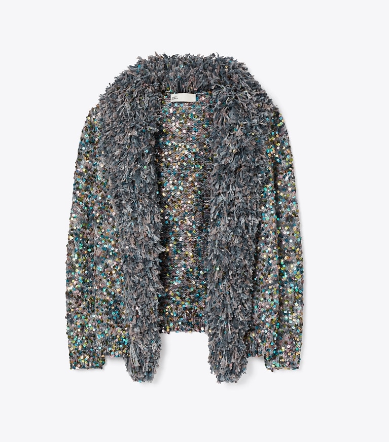 Tory Burch designer sweaters Sequin Fringe Cardigan in Aqua / Gray Multi front