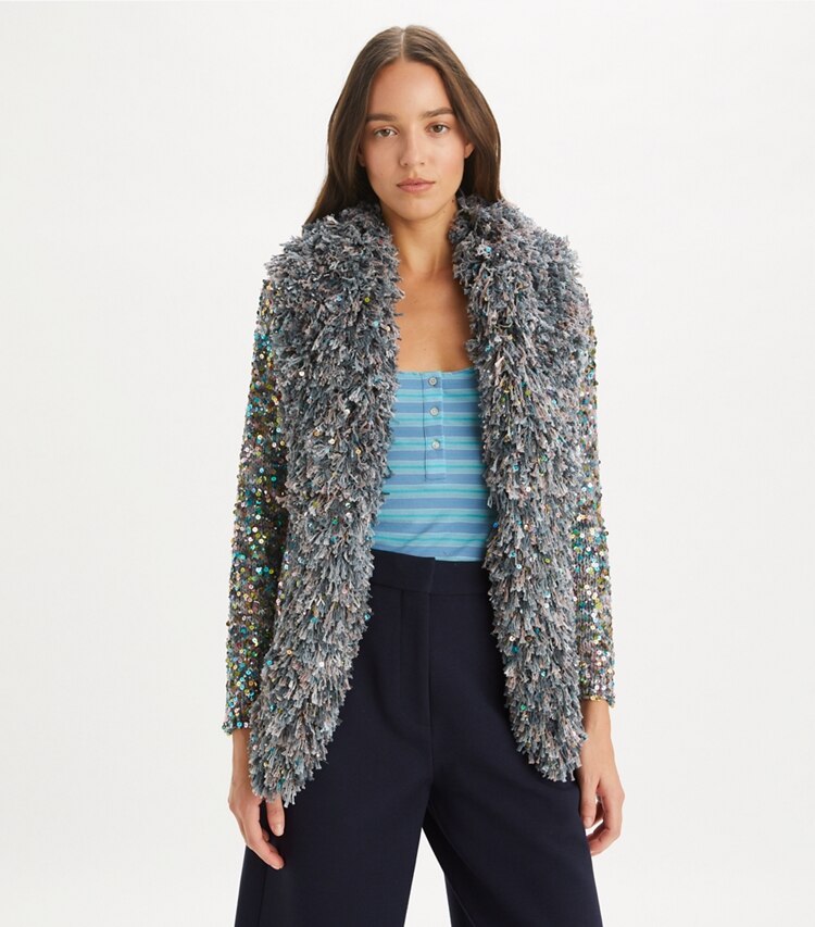Tory Burch designer sweaters Sequin Fringe Cardigan in Aqua / Gray Multi on model detail