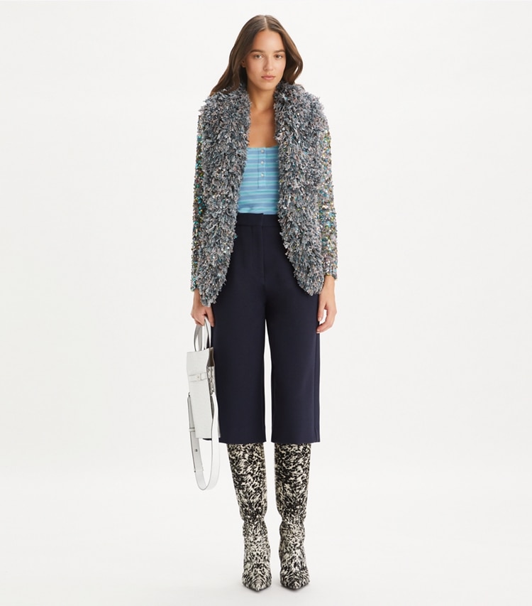 Tory Burch designer sweaters Sequin Fringe Cardigan in Aqua / Gray Multi on model front