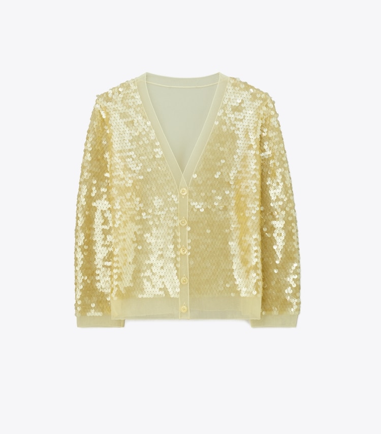 Tory Burch designer sweaters Sequin-Front Cardigan in Pale Limon front