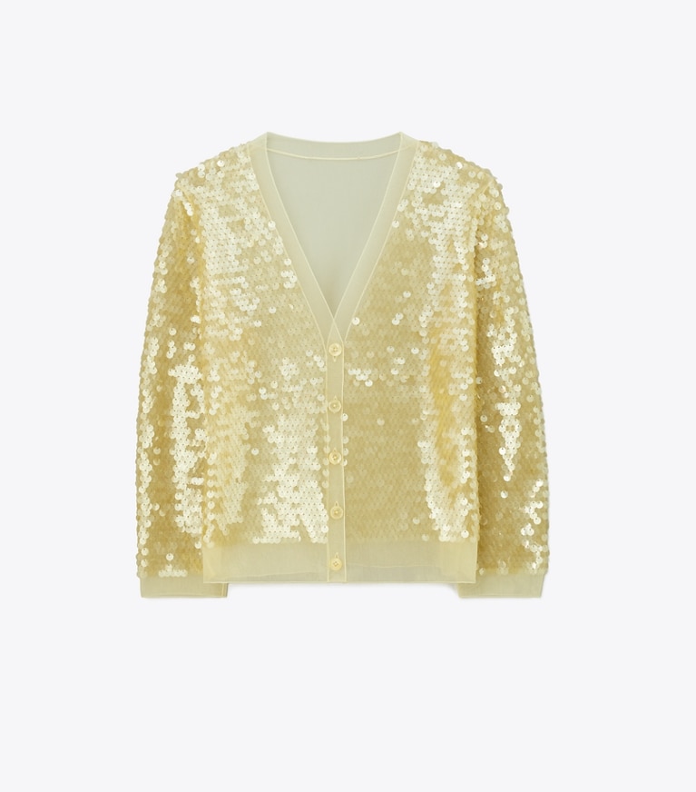 Tory Burch designer sweaters Sequin-Front Cardigan in Pale Limon front