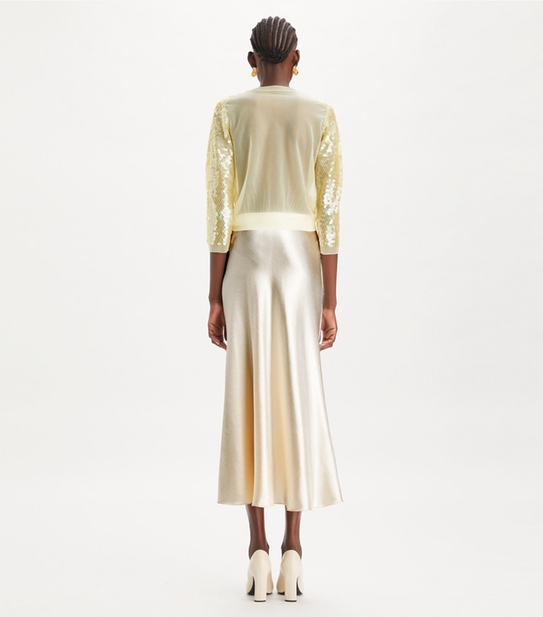 Tory Burch designer sweaters Sequin-Front Cardigan in Pale Limon front