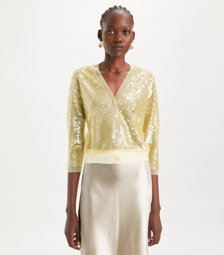 Tory Burch designer sweaters Sequin-Front Cardigan in Pale Limon on model detail