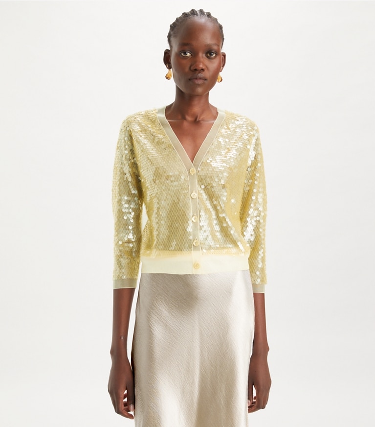 Tory Burch designer sweaters Sequin-Front Cardigan in Pale Limon front