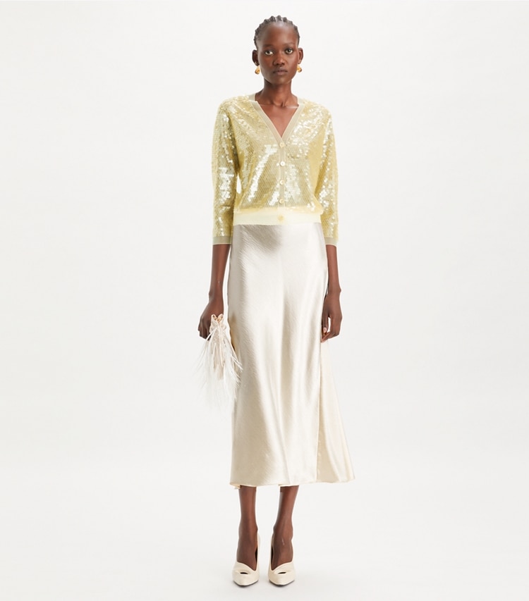 Tory Burch designer sweaters Sequin-Front Cardigan in Pale Limon on model front