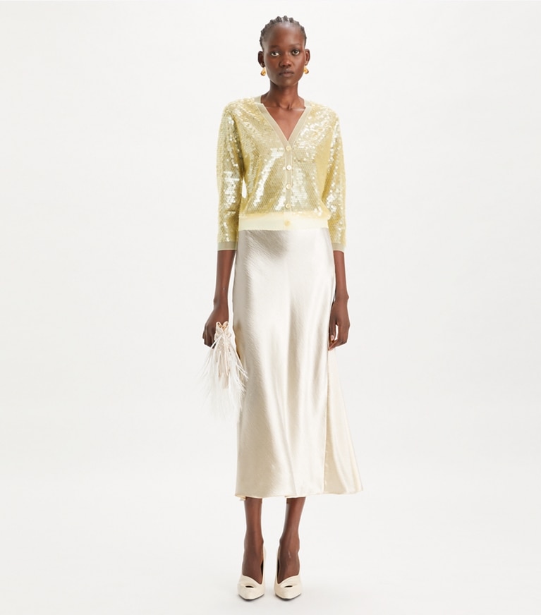 Tory Burch designer sweaters Sequin-Front Cardigan in Pale Limon front