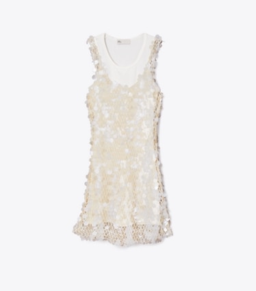 Tory Burch designer dresses Sequin Mesh Dress in Snow White / New Ivory front