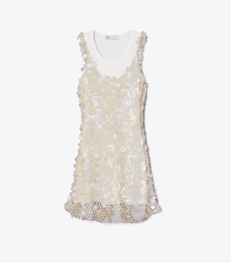 Tory Burch designer dresses Sequin Mesh Dress in Snow White / New Ivory front