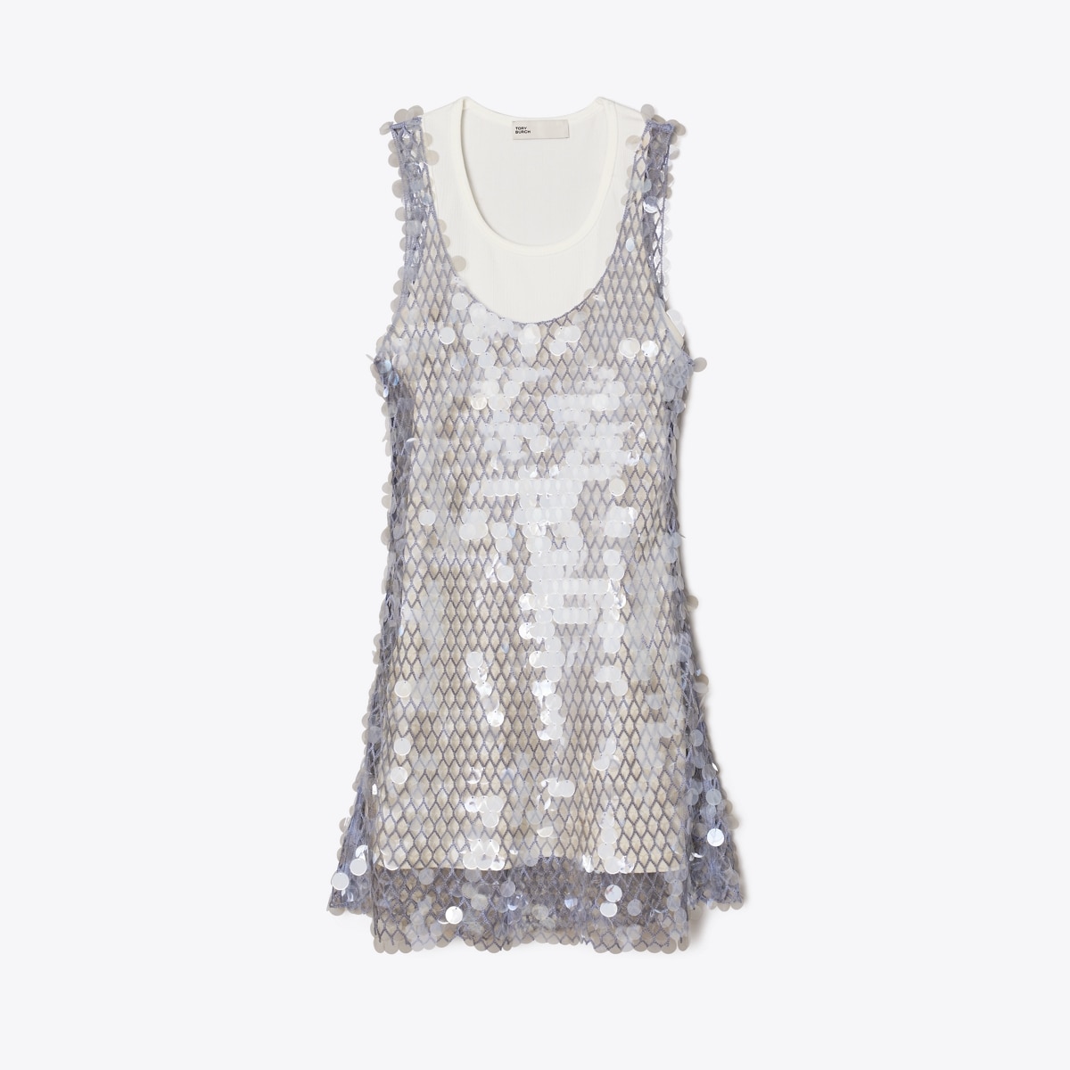 Tory Burch Women's Sequin Mesh Dress in Snow White/Washed Sky, size M