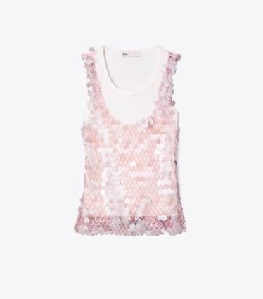 Tory Burch designer tops Sequin Mesh Top in Snow White / Light Pink front
