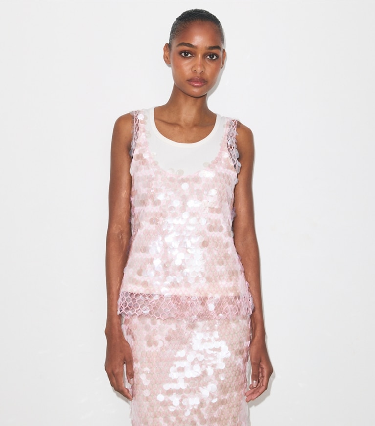 Tory Burch designer tops Sequin Mesh Top in Snow White / Light Pink on model detail