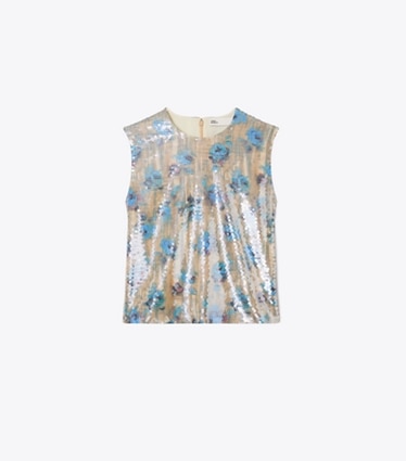 Tory Burch designer tops Sequin Shell Top in Blue Roses front