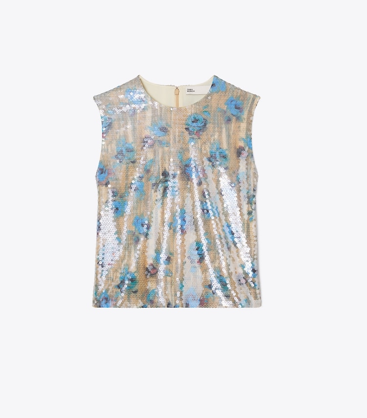 Tory Burch designer tops Sequin Shell Top in Blue Roses front