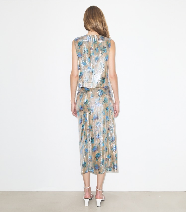 Tory Burch designer tops Sequin Shell Top in Blue Roses on model back