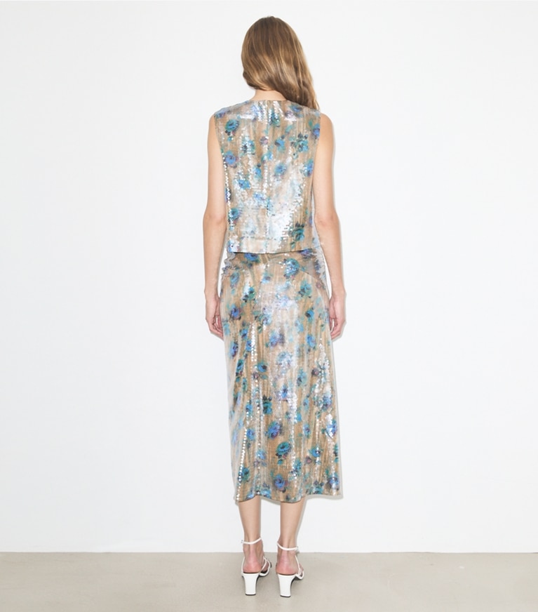 Tory Burch designer tops Sequin Shell Top in Blue Roses on model back