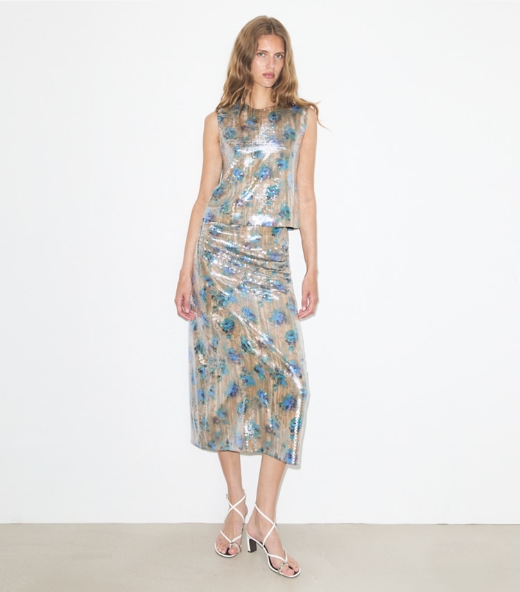 Tory Burch designer tops Sequin Shell Top in Blue Roses on model front