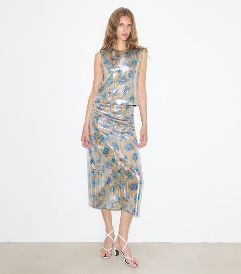 Tory Burch designer tops Sequin Shell Top in Blue Roses on model front