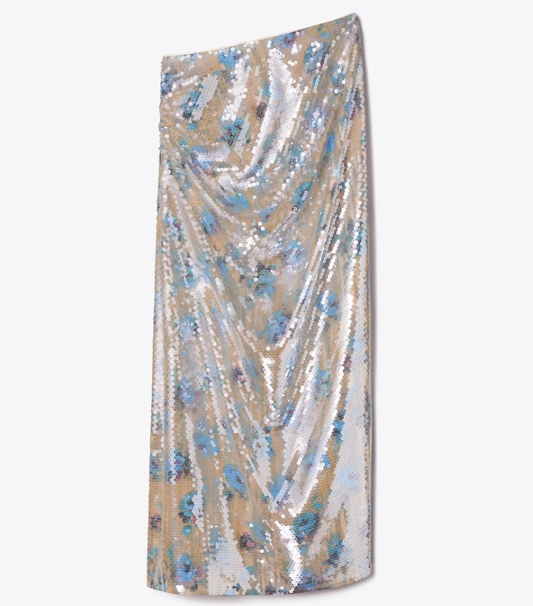 Tory Burch designer bottoms Sequin Skirt in Blue Roses front
