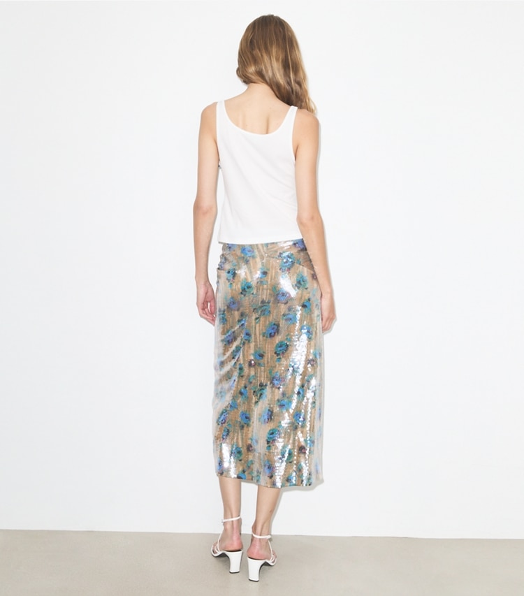 Tory Burch designer bottoms Sequin Skirt in Blue Roses on model back