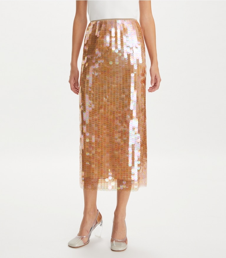 Tory Burch designer bottoms Sequin Skirt in Mocha Mesh front