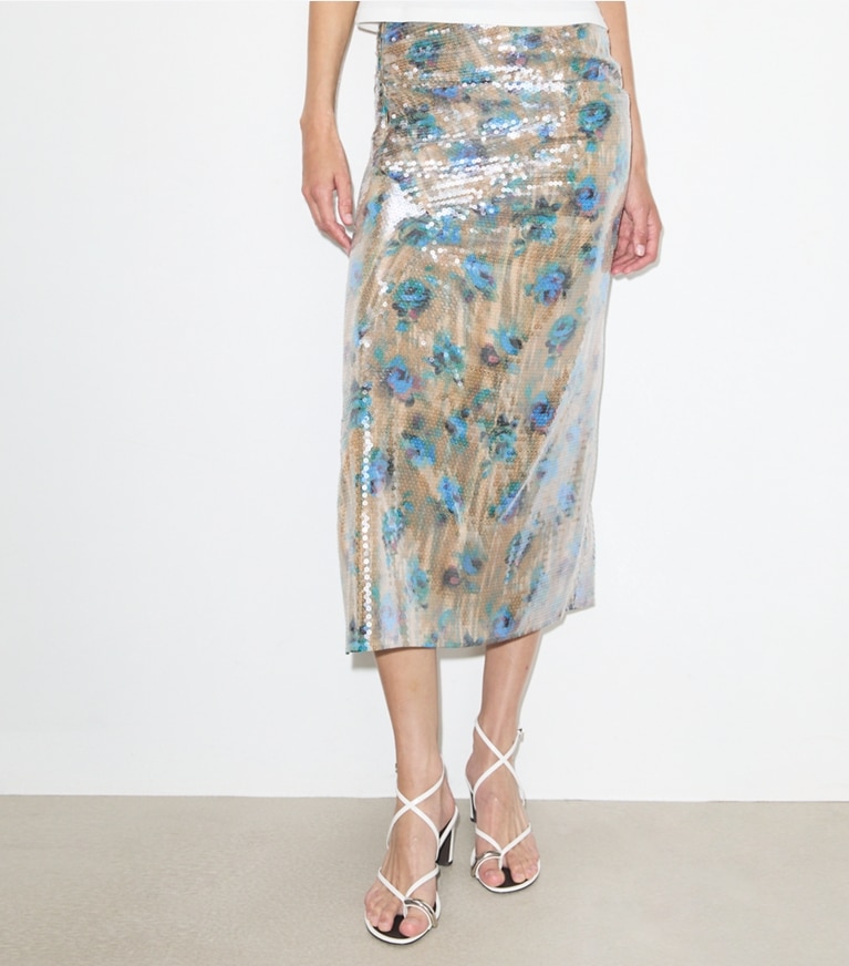 Tory Burch designer bottoms Sequin Skirt in Blue Roses on model detail