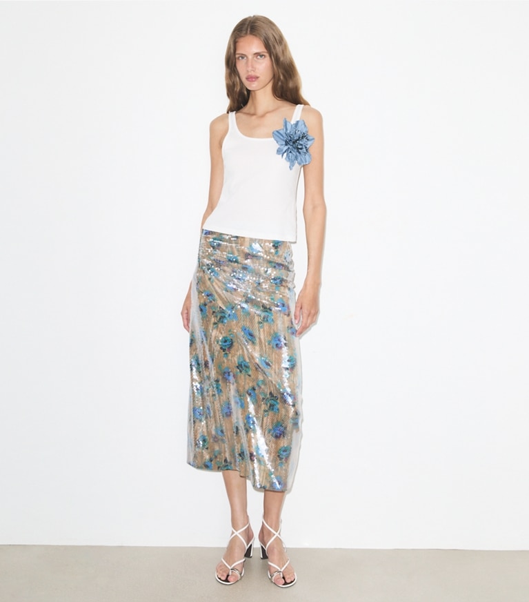 Tory Burch designer bottoms Sequin Skirt in Blue Roses on model front