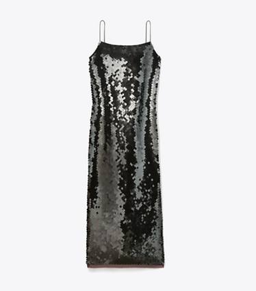 Tory Burch designer dresses Sequin Slip Dress in Dark Scarlet front