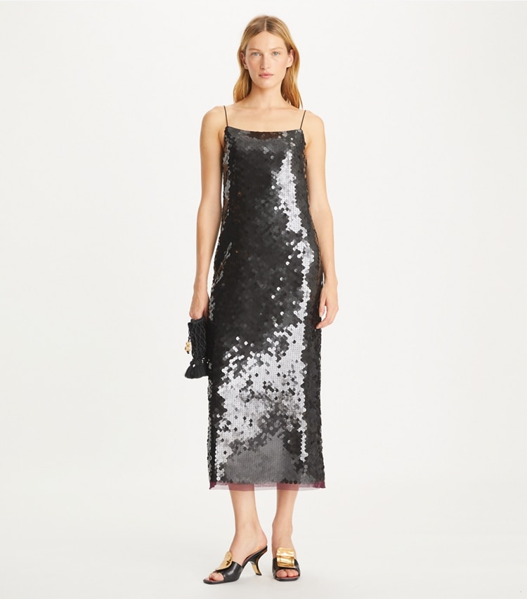 Tory Burch designer dresses Sequin Slip Dress in Dark Scarlet on model front