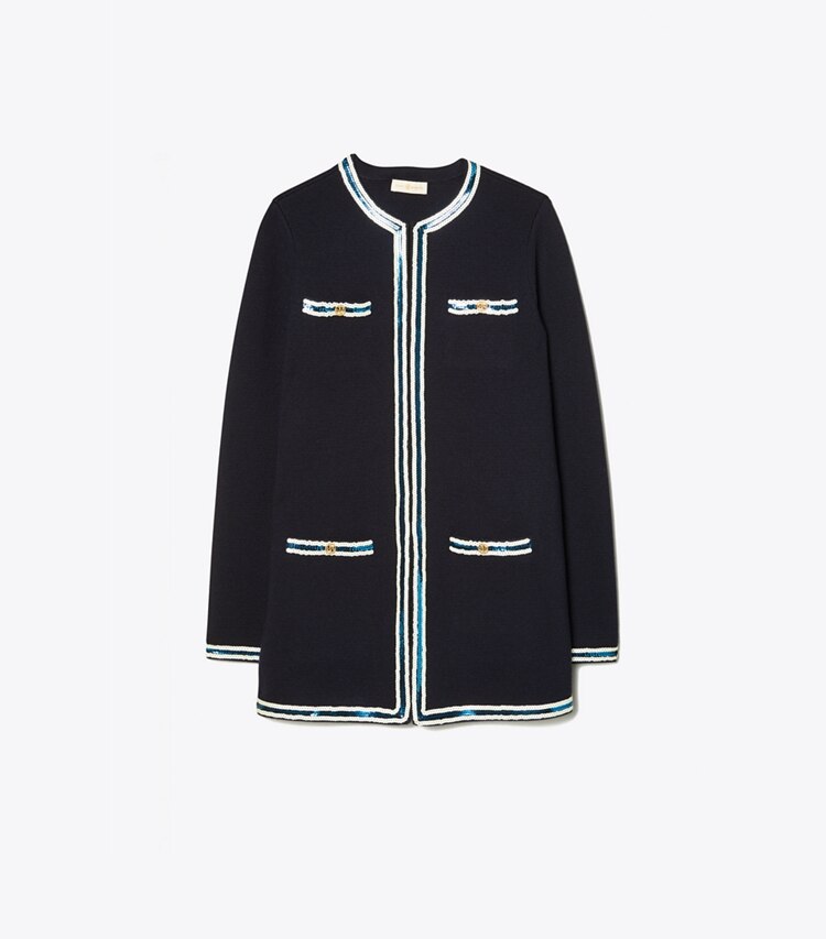 Tory Burch designer sweaters Sequin Trim Kendra Coat in Medium Navy front