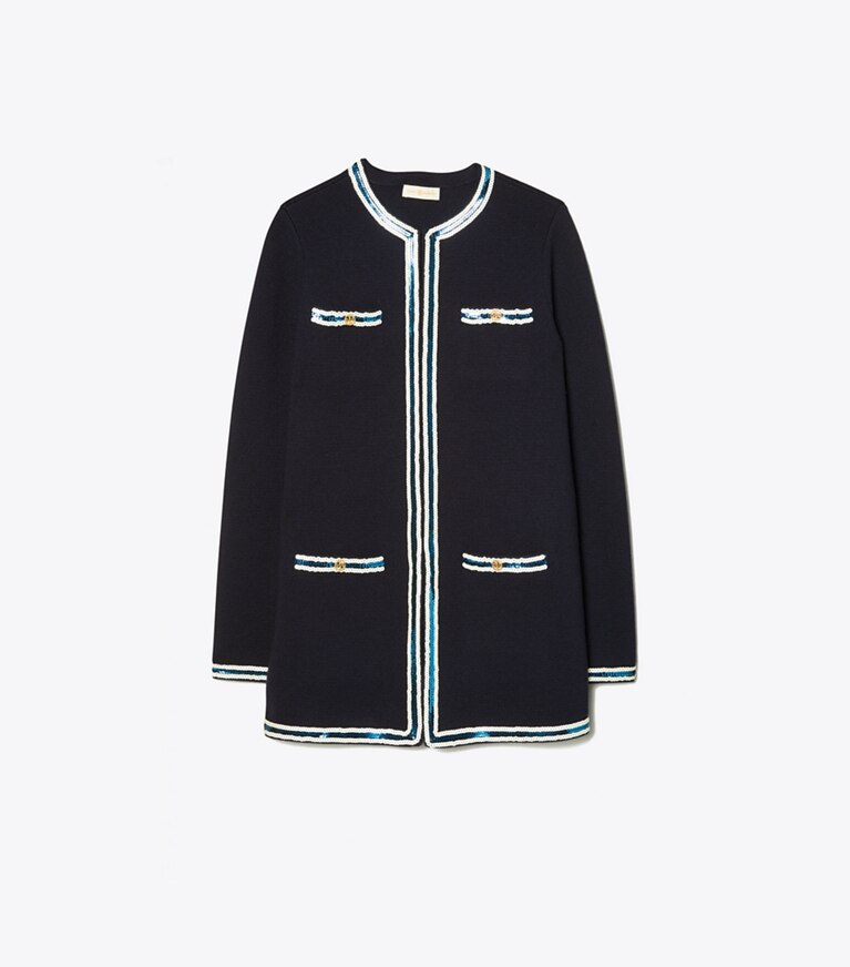 Tory Burch designer sweaters Sequin Trim Kendra Coat in Medium Navy front