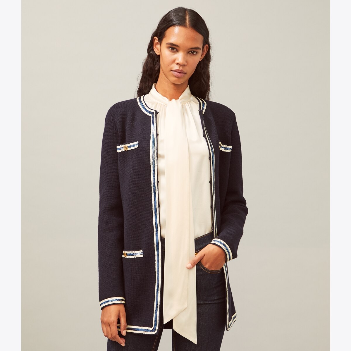 Sequin Trim Kendra Coat: Women's Designer Sweaters | Tory Burch
