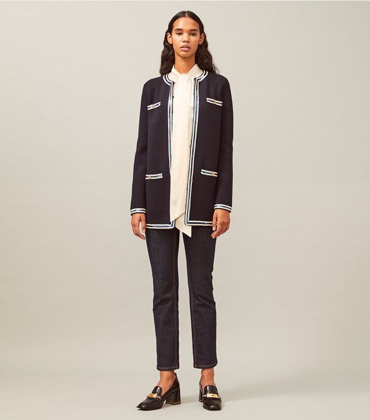 Tory Burch designer sweaters Sequin Trim Kendra Coat in Medium Navy on model front