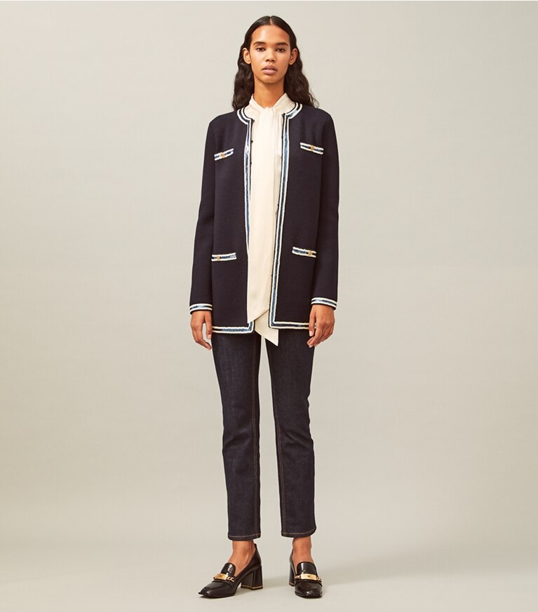 Tory Burch designer sweaters Sequin Trim Kendra Coat in Medium Navy front