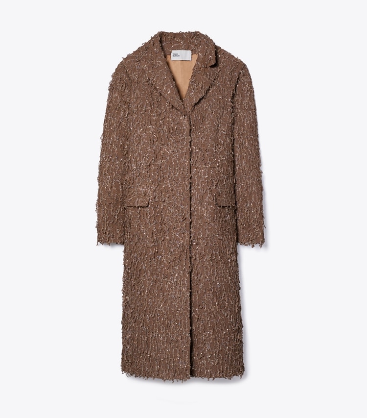 Tory Burch designer coats Sequined Coat in Stone Taupe front