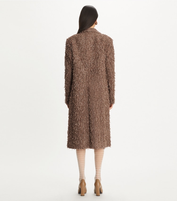 Tory Burch designer coats Sequined Coat in Stone Taupe on model back