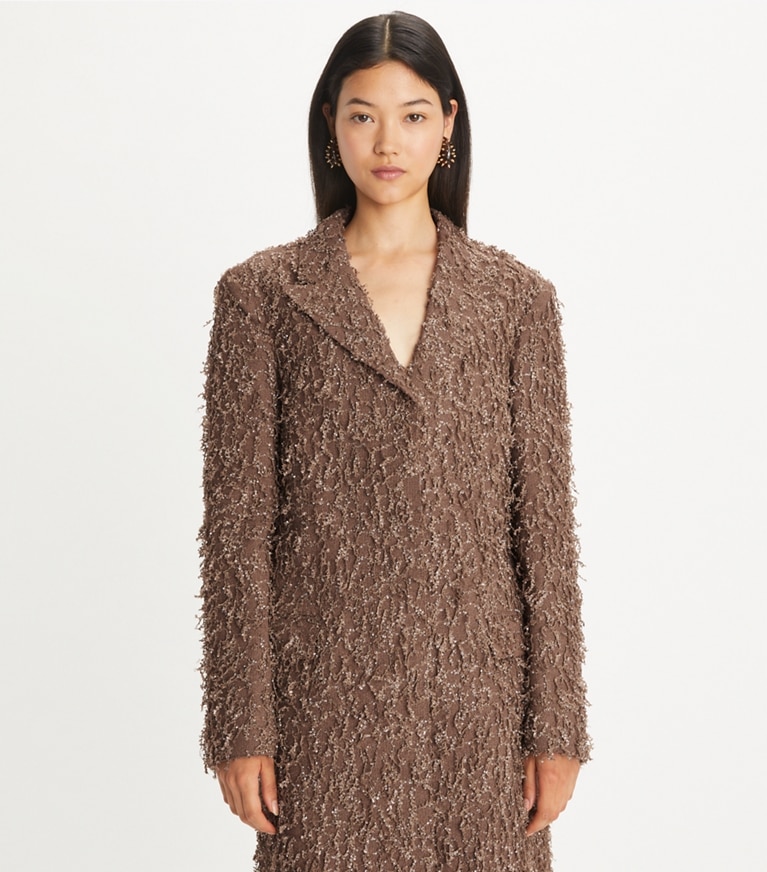 Tory Burch designer coats Sequined Coat in Stone Taupe front