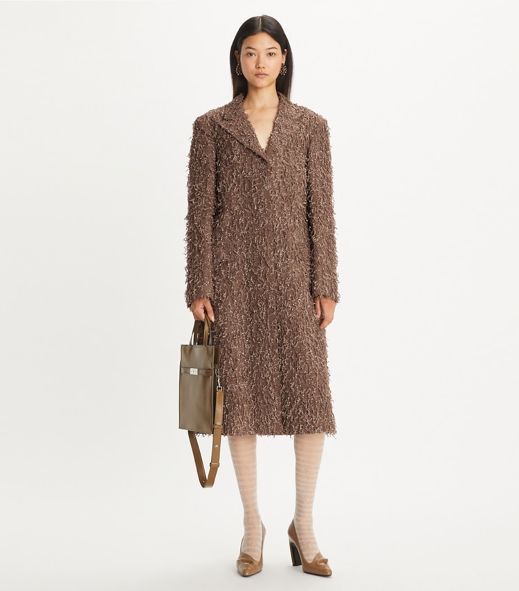 Tory Burch designer coats Sequined Coat in Stone Taupe on model front
