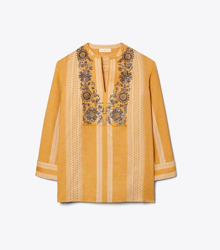 Tory Burch designer tops Sequined Embellished Tunic in ORANGE / IVORY front