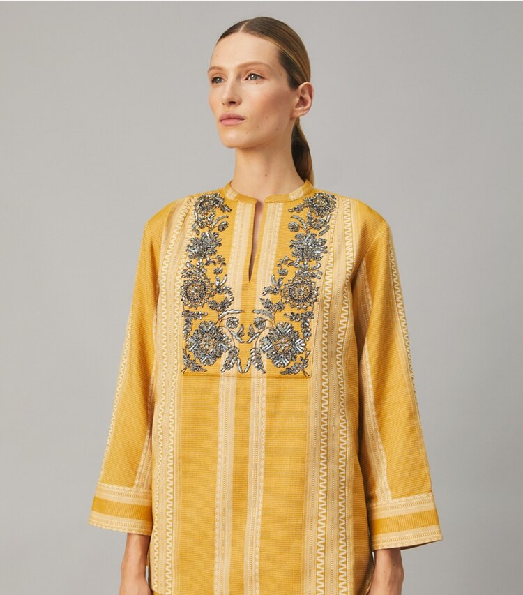 Tory Burch designer tops Sequined Embellished Tunic in ORANGE / IVORY on model detail