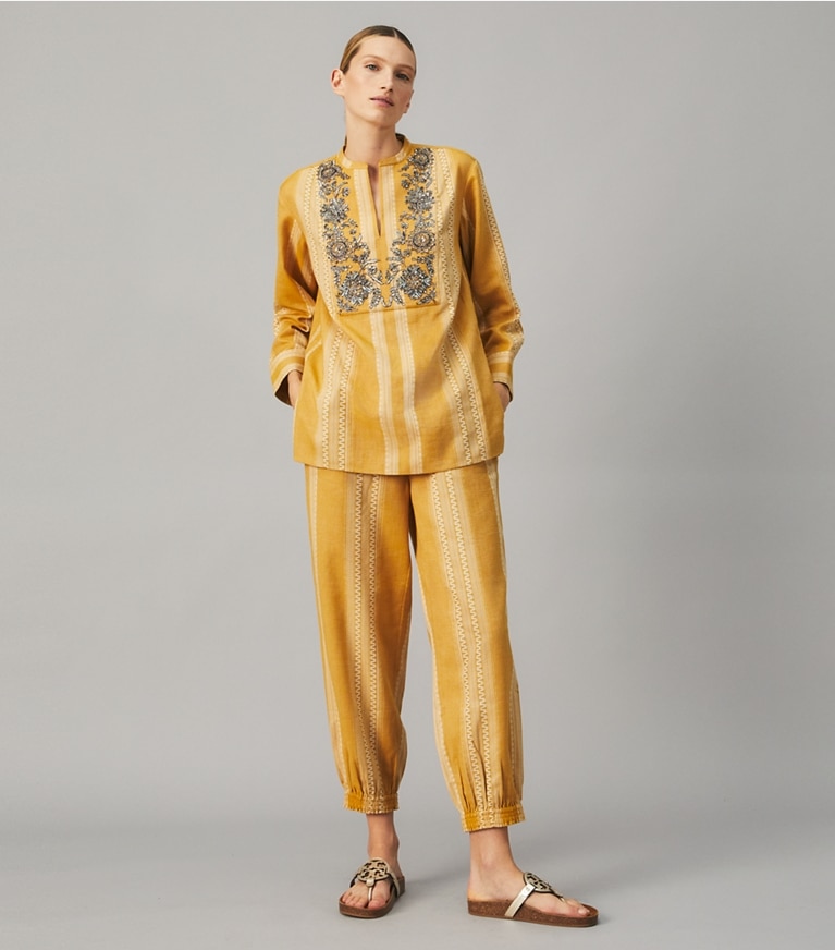 Tory Burch designer tops Sequined Embellished Tunic in ORANGE / IVORY front