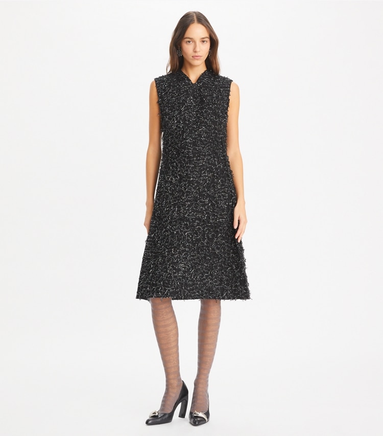 Tory Burch designer dresses Sequined Fringe Dress in Black on model front
