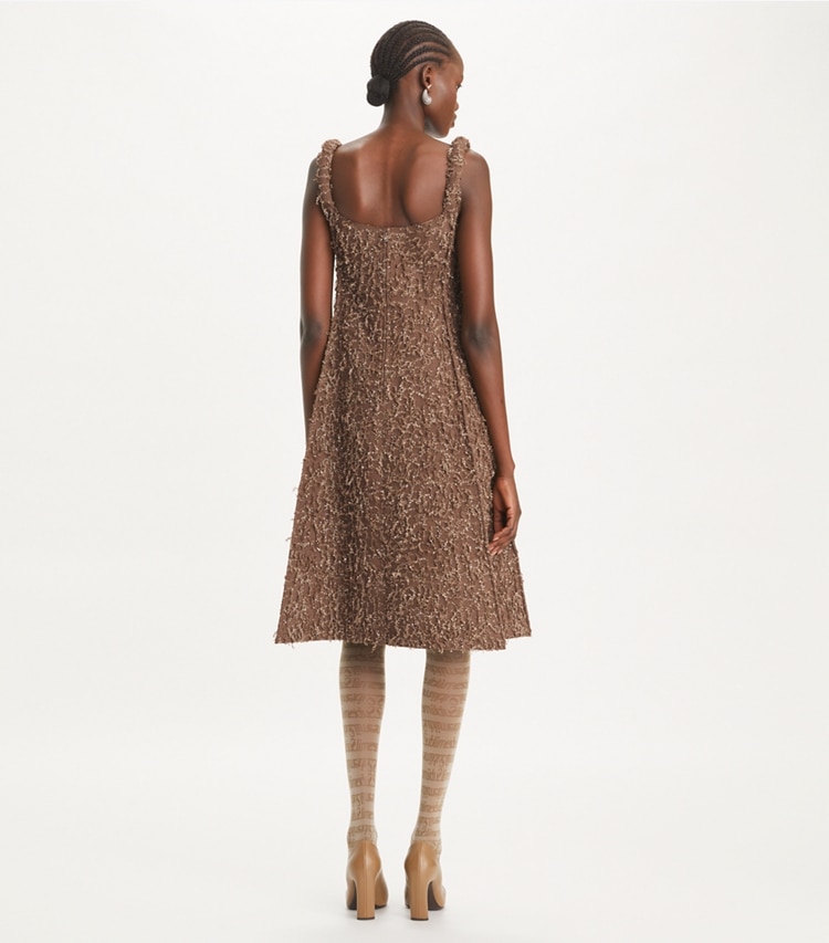 Tory Burch designer dresses Sequined Fringe Tank Dress in Stone Taupe on model back