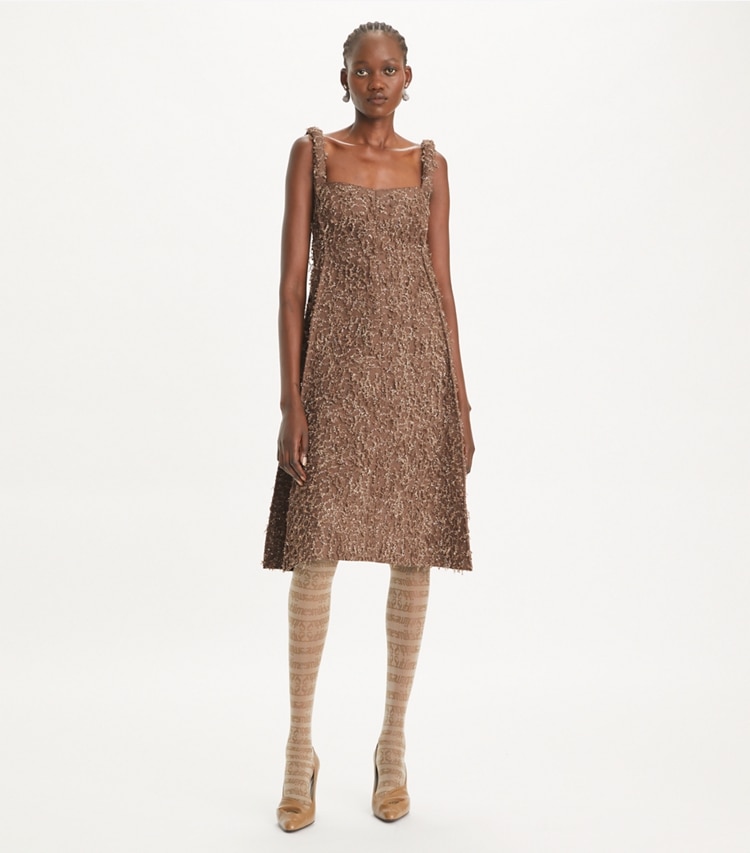 Tory Burch designer dresses Sequined Fringe Tank Dress in Stone Taupe on model front