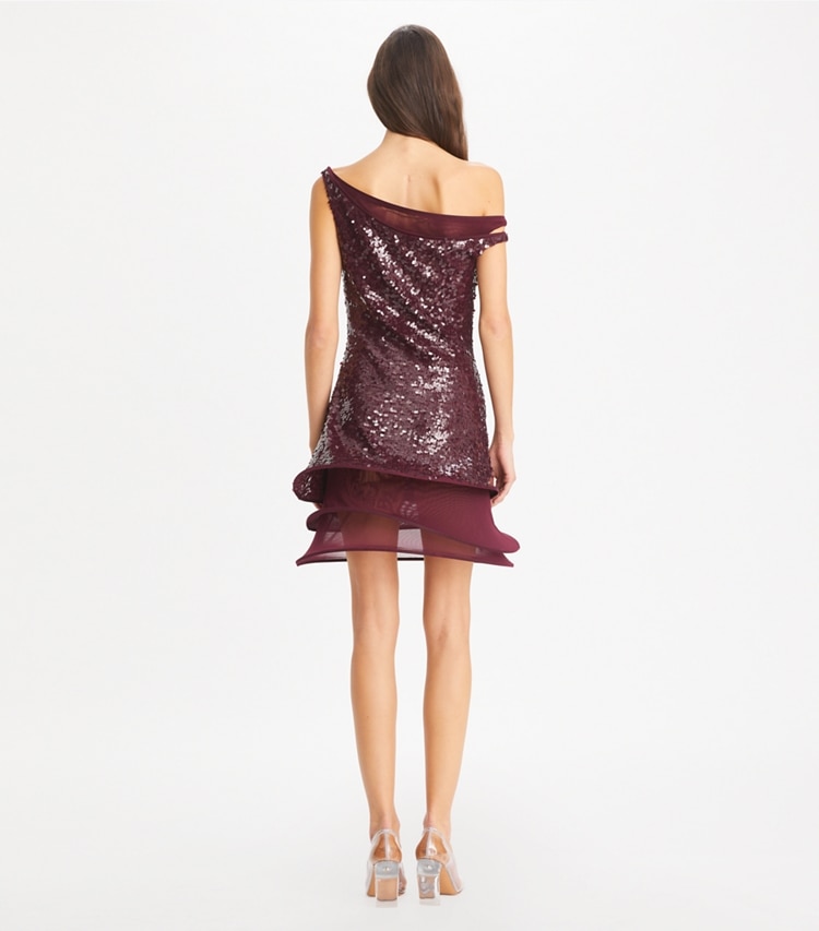 Tory Burch designer ドレス スパンコール フープドレス in Dark Eggplant on model back