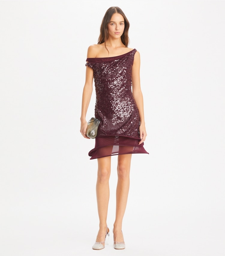 Tory Burch designer ドレス スパンコール フープドレス in Dark Eggplant モデル前面