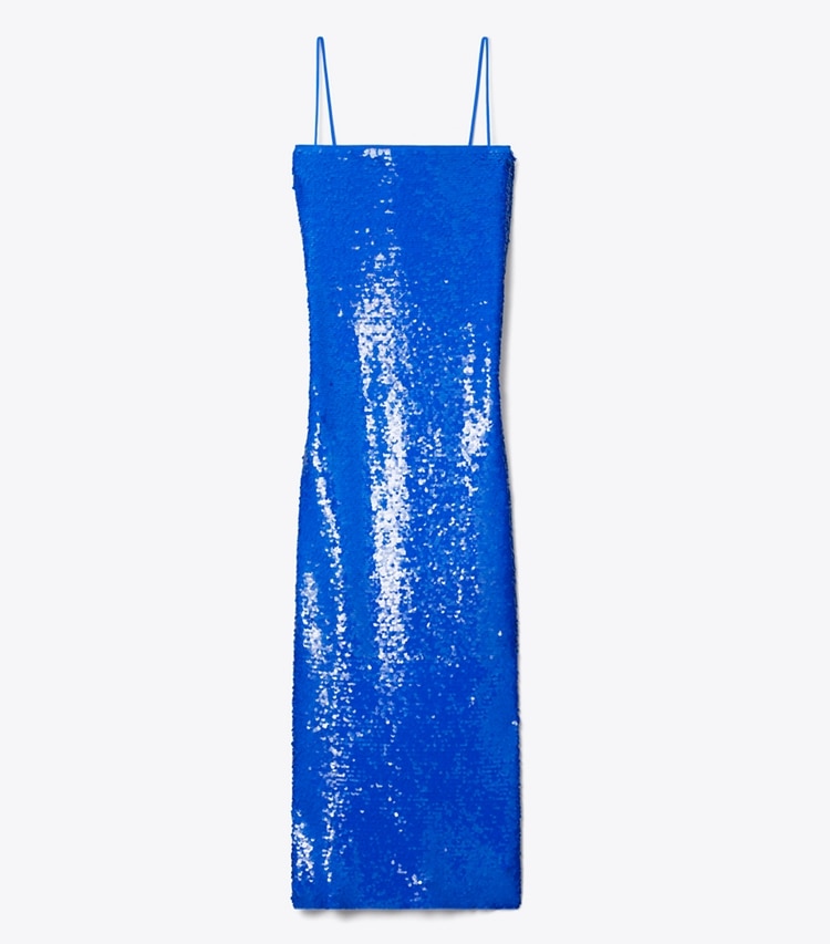 Tory Burch designer dresses Sequined Mesh Dress in Bay Blue front